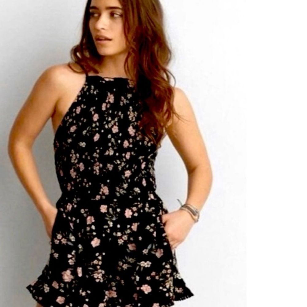 American Eagle Black Floral Smocked Romper